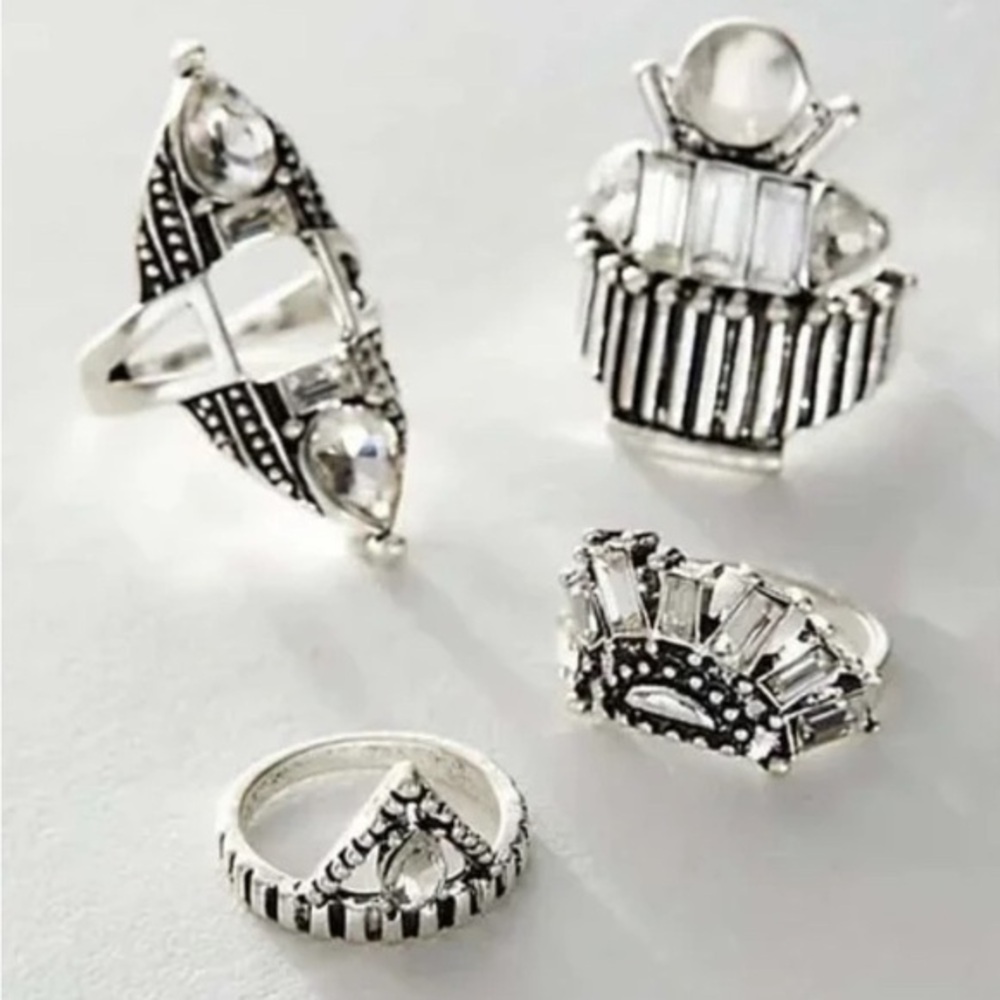 NWT Free People Rhapsody Ring Set - Silver / Crystal Stone